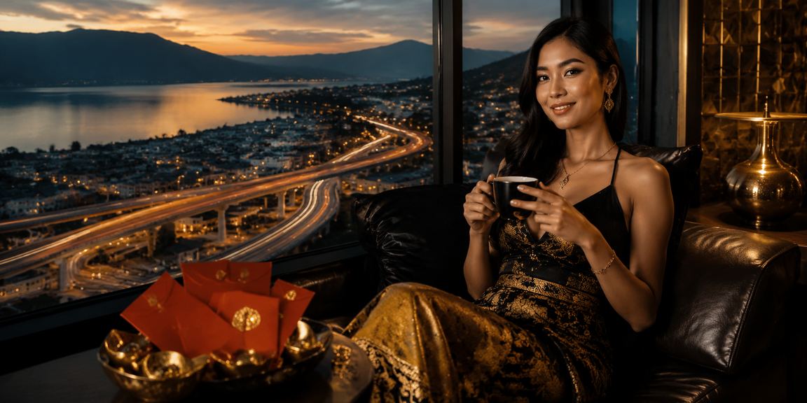 Amplop merah berisi bonus menarik di atas meja kafe Vietnam yang hangat