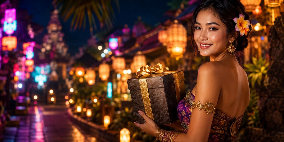 Suasana kasino modern malam hari dengan pencahayaan lampion tradisional dan meja permainan