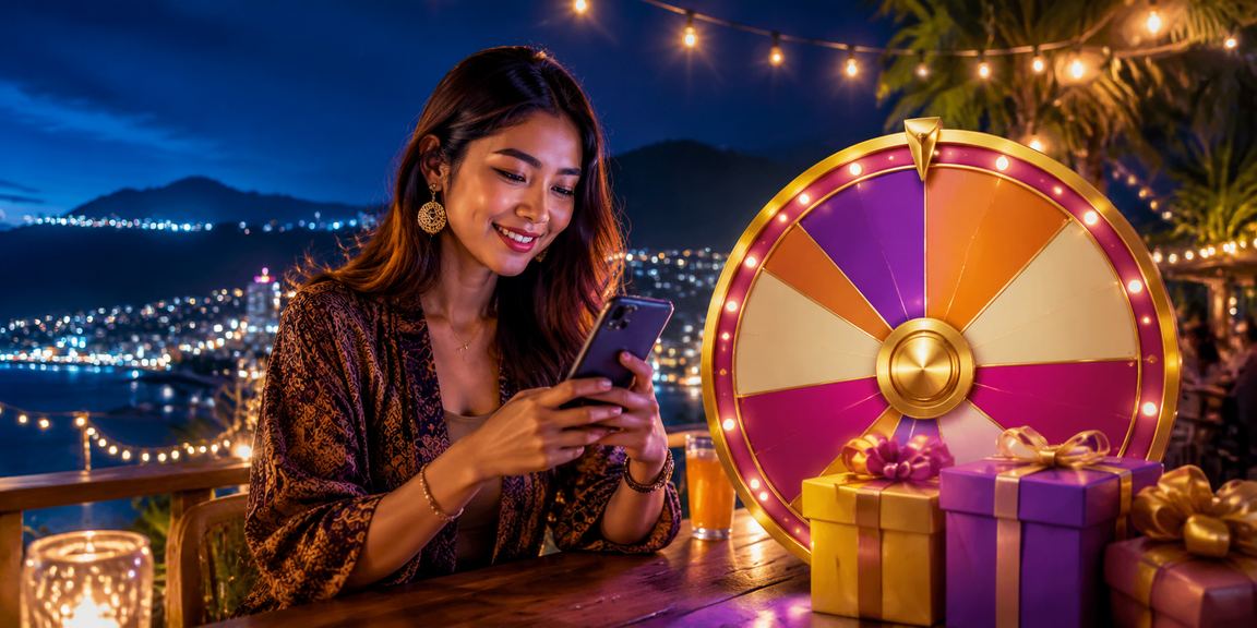 Roda roulette di area terbuka dengan pemandangan pantai tropis yang cerah